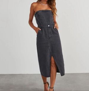 Blue Blush Strapless Denim Midi Dress washed dark grey size S